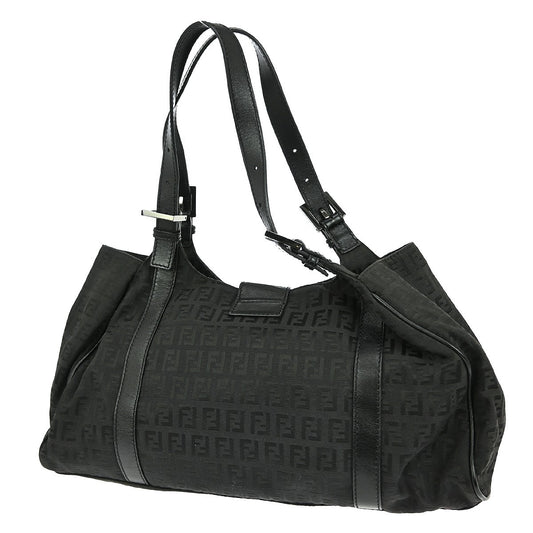 Fendi Belted Shoulder Bag Zucchino Canvas, BLACK, CANVAS, Handbag