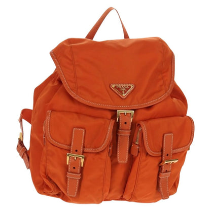 Prada Vela Double Front Pocket Backpack Tessuto with Saffiano Leather, ORANGE, NYLON, Backpack