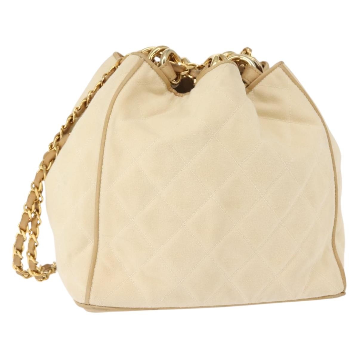 Chanel Vintage Drawstring Chain Bucket Bag Quilted Canvas, BEIGE, CANVAS, Shoulder bag