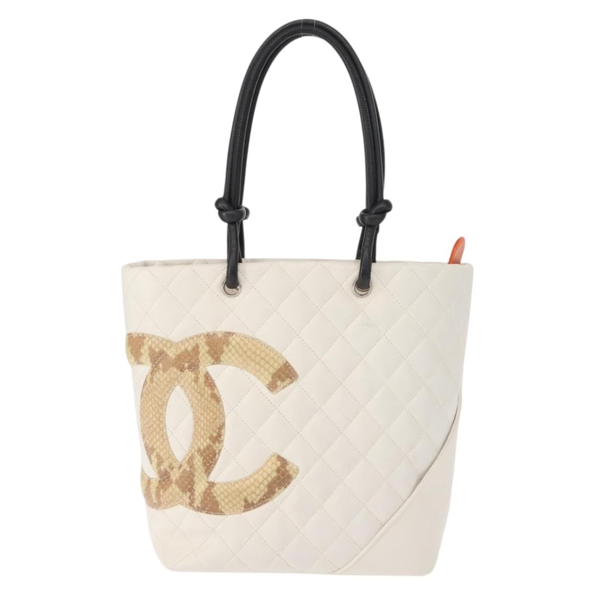 Chanel Cambon Tote Quilted Leather, WHITE, LEATHER, Tote bag