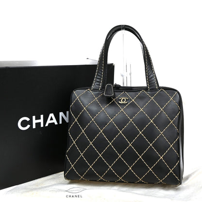 Chanel Surpique Zip Around Satchel Quilted Leather, BLACK, LEATHER, Tote bag