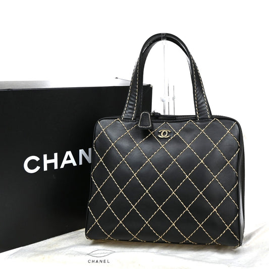 Chanel Surpique Zip Around Satchel Quilted Leather, BLACK, LEATHER, Tote bag