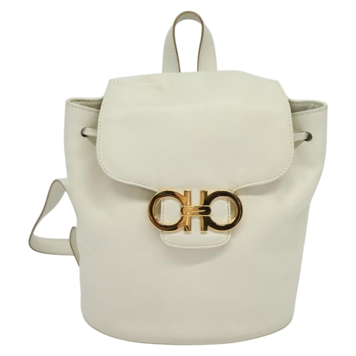 Salvatore Ferragamo Gancini Flap Drawstring Backpack Leather, WHITE, LEATHER, Backpack
