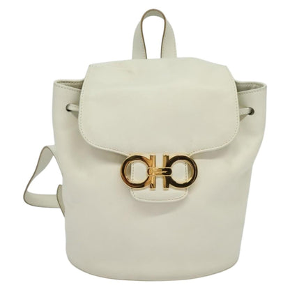 Salvatore Ferragamo Gancini Flap Drawstring Backpack Leather, WHITE, LEATHER, Backpack