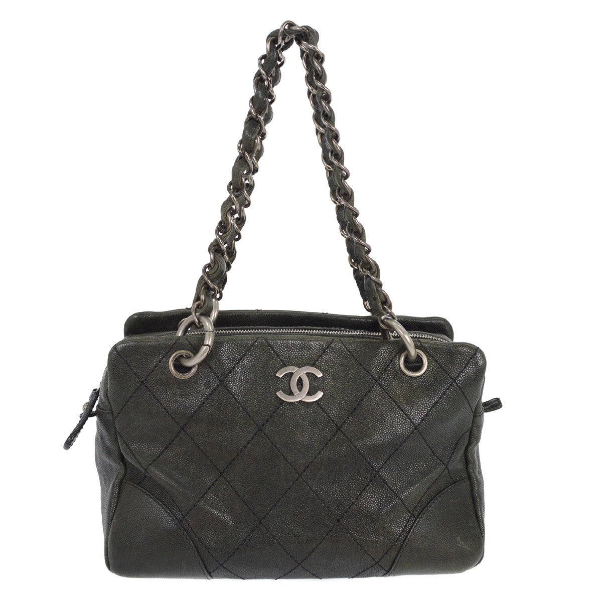 Chanel Outdoor Ligne Tote Quilted Caviar, GRAY, LEATHER, Tote bag