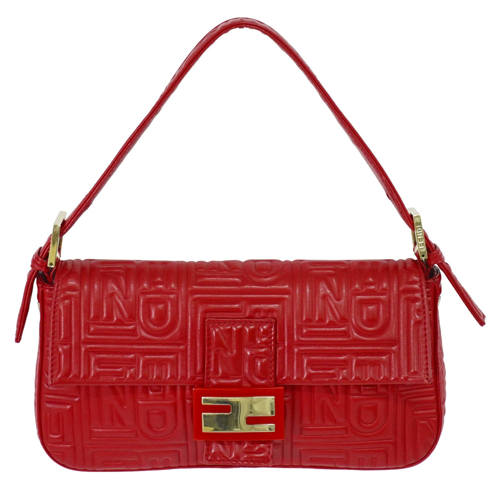 Fendi Mamma baguette Leather, Red, Leather, Handbag