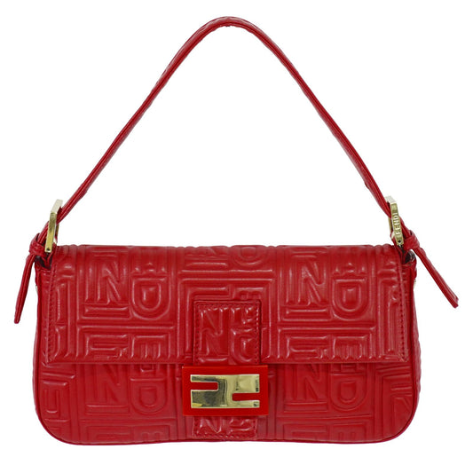 Fendi Mamma baguette Leather, Red, Leather, Handbag