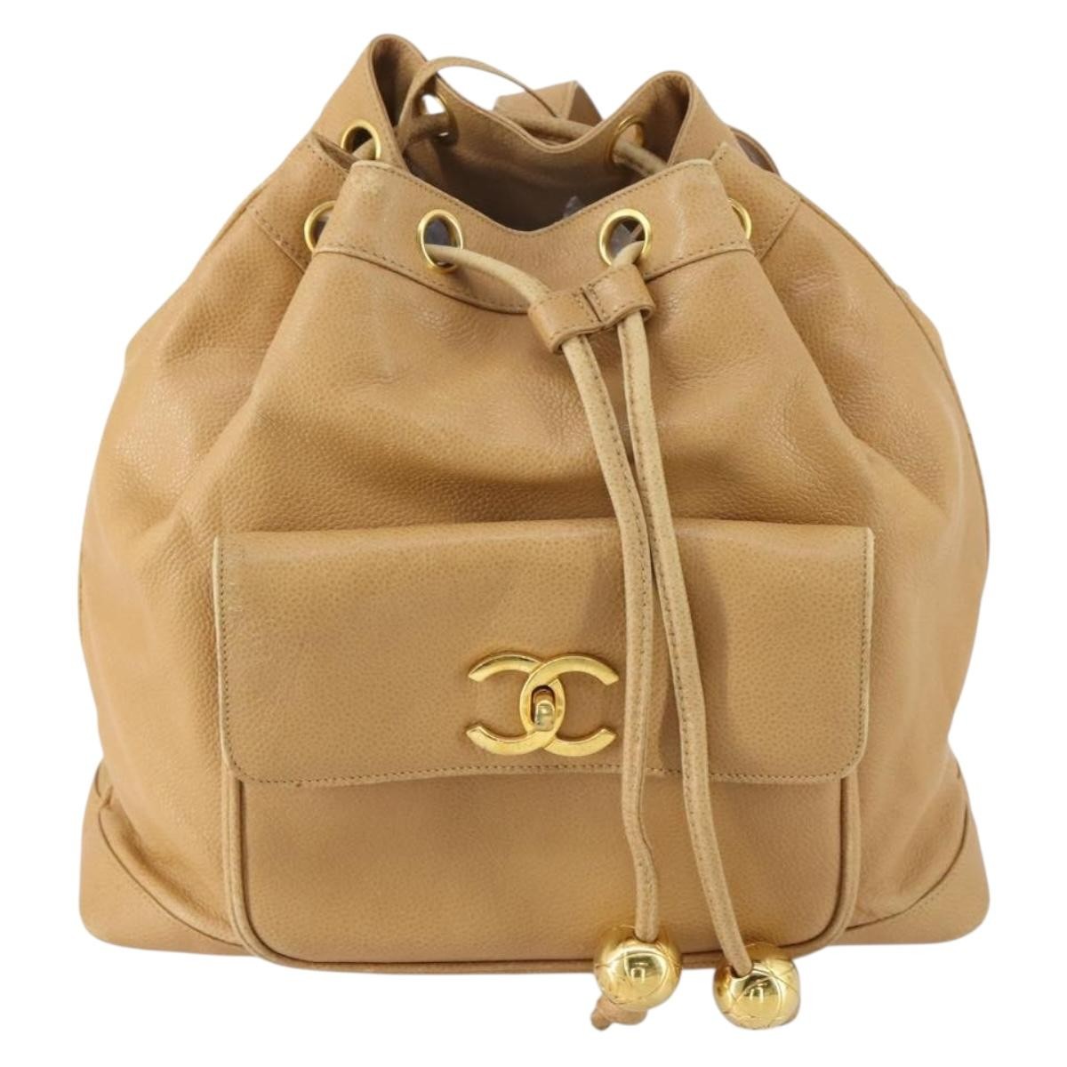 Chanel CC Front Pocket Backpack Leather, BEIGE, LEATHER, Backpack
