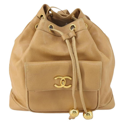 Chanel CC Front Pocket Backpack Leather, BEIGE, LEATHER, Backpack