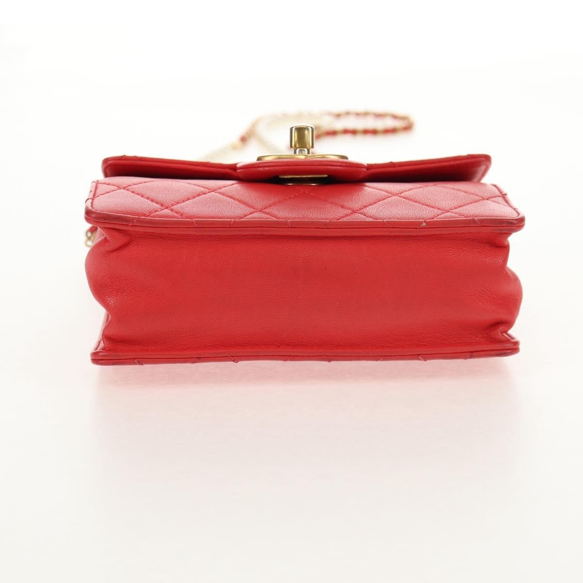 Chanel Pearl Chain Flap Bag Quilted Lambskin, RED, CALFSKIN, Clutche & pouche