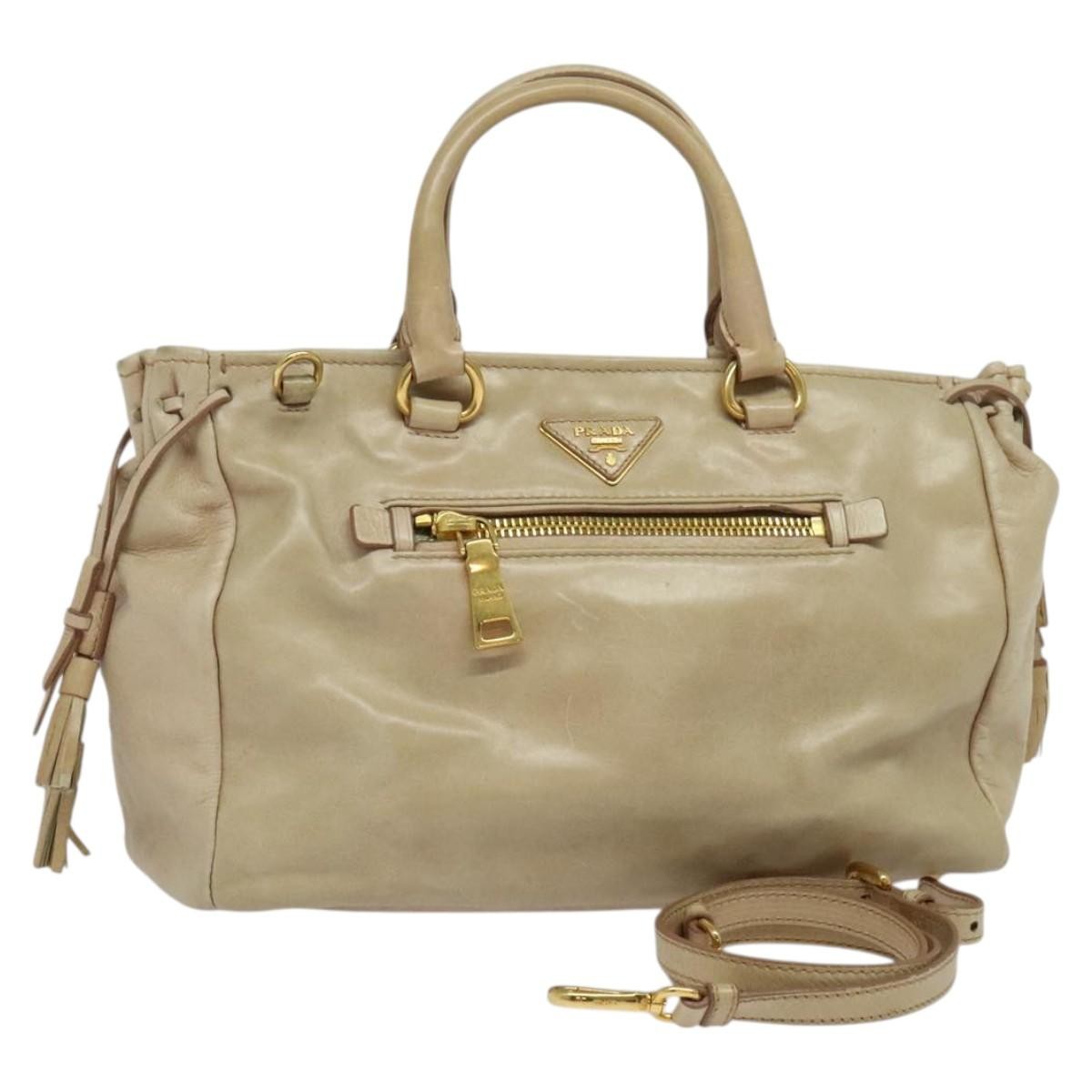 Prada Front Pocket Convertible Tote Leather, BEIGE, LEATHER, Tote bag