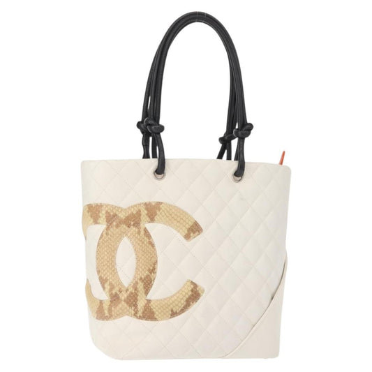 Chanel Cambon Tote Quilted Leather, WHITE, LEATHER, Tote bag