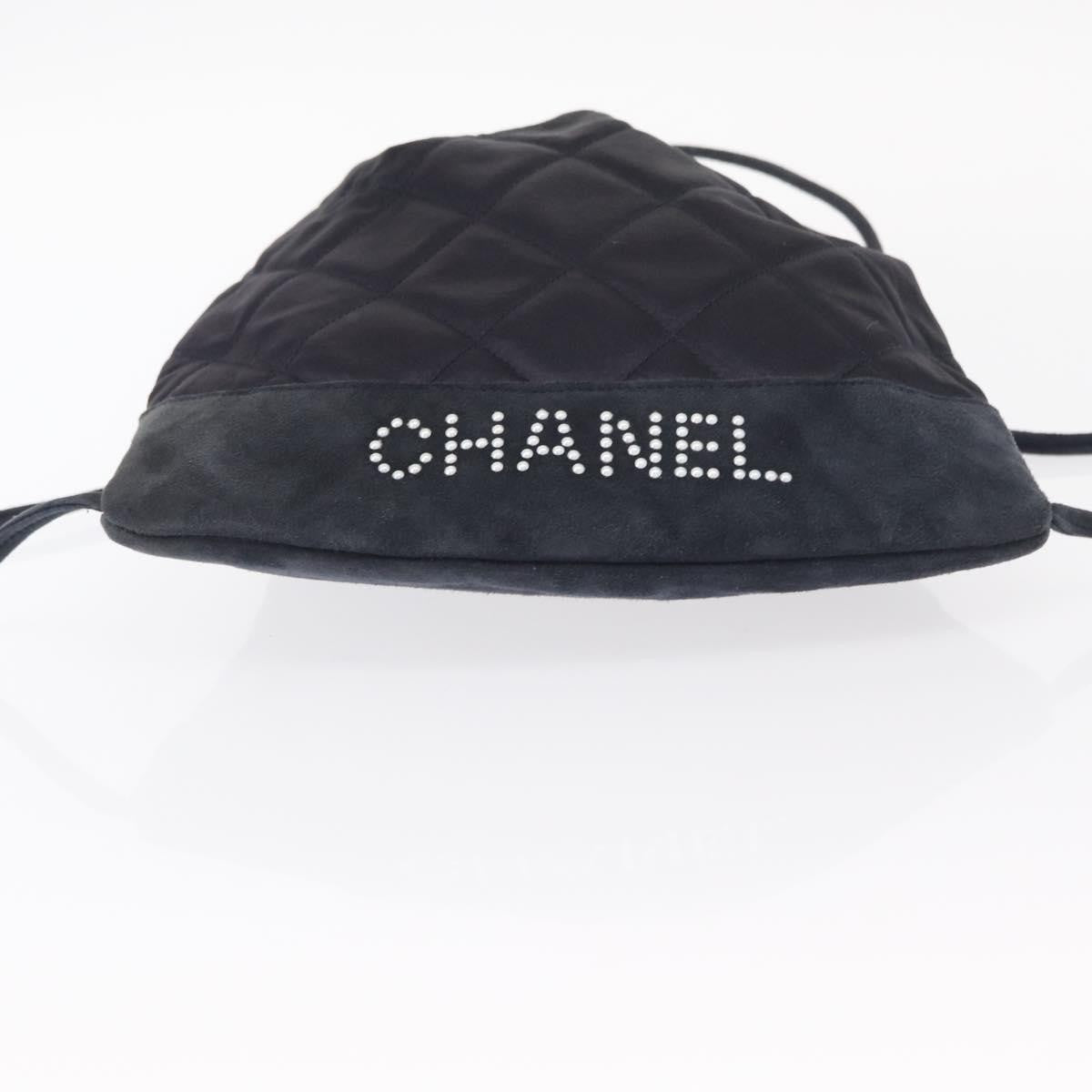Chanel Vintage Drawstring Backpack Quilted Satin with Suede, NAVY, SATIN, Backpack