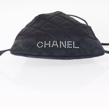 Chanel Vintage Drawstring Backpack Quilted Satin with Suede, NAVY, SATIN, Backpack