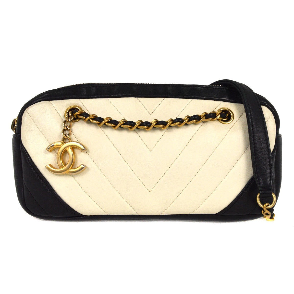 Chanel Chevron Camera Bag Quilted Leather, WHITE, LEATHER, Clutche & pouche
