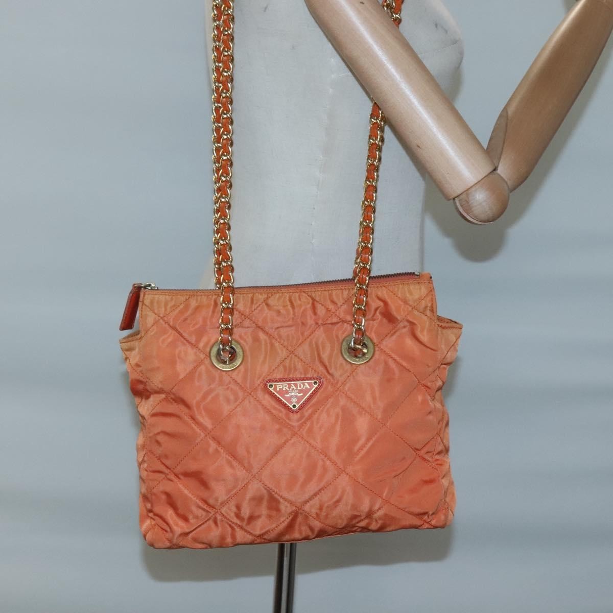 Prada Chain Shoulder Bag Quilted Tessuto, ORANGE, NYLON, Shoulder bag
