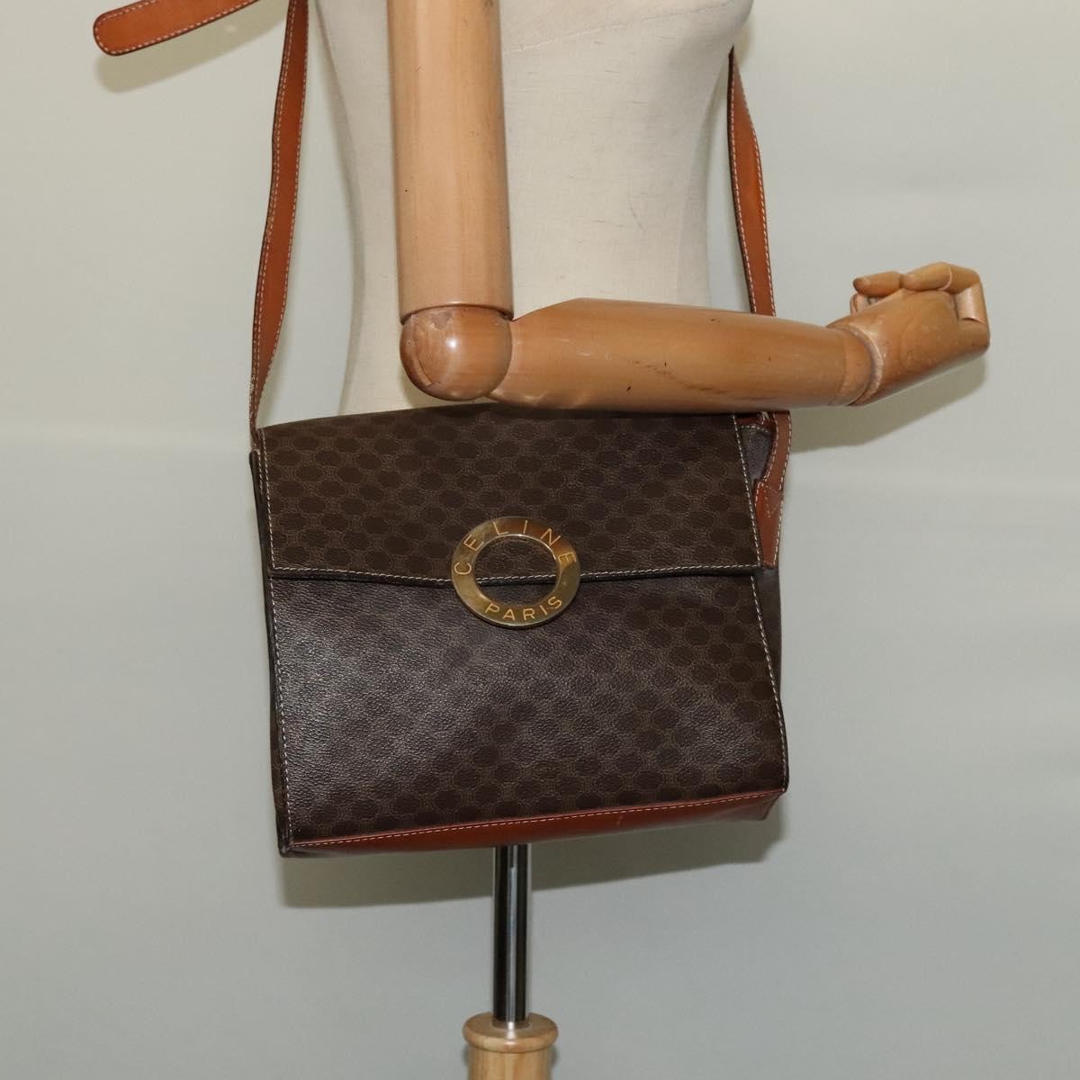 Celine Vintage Macadam Circle Logo Shoulder Bag Canvas and Leather, BROWN, CANVAS, Shoulder bag