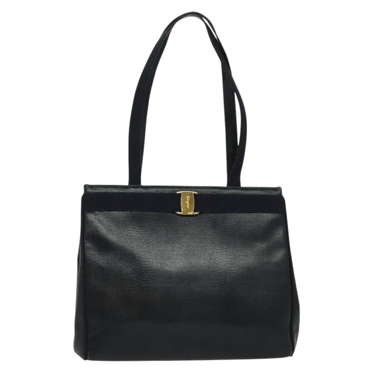 Salvatore Ferragamo Vintage Vara Bow Tote Lizard Embossed Leather, NAVY, LEATHER, Tote bag