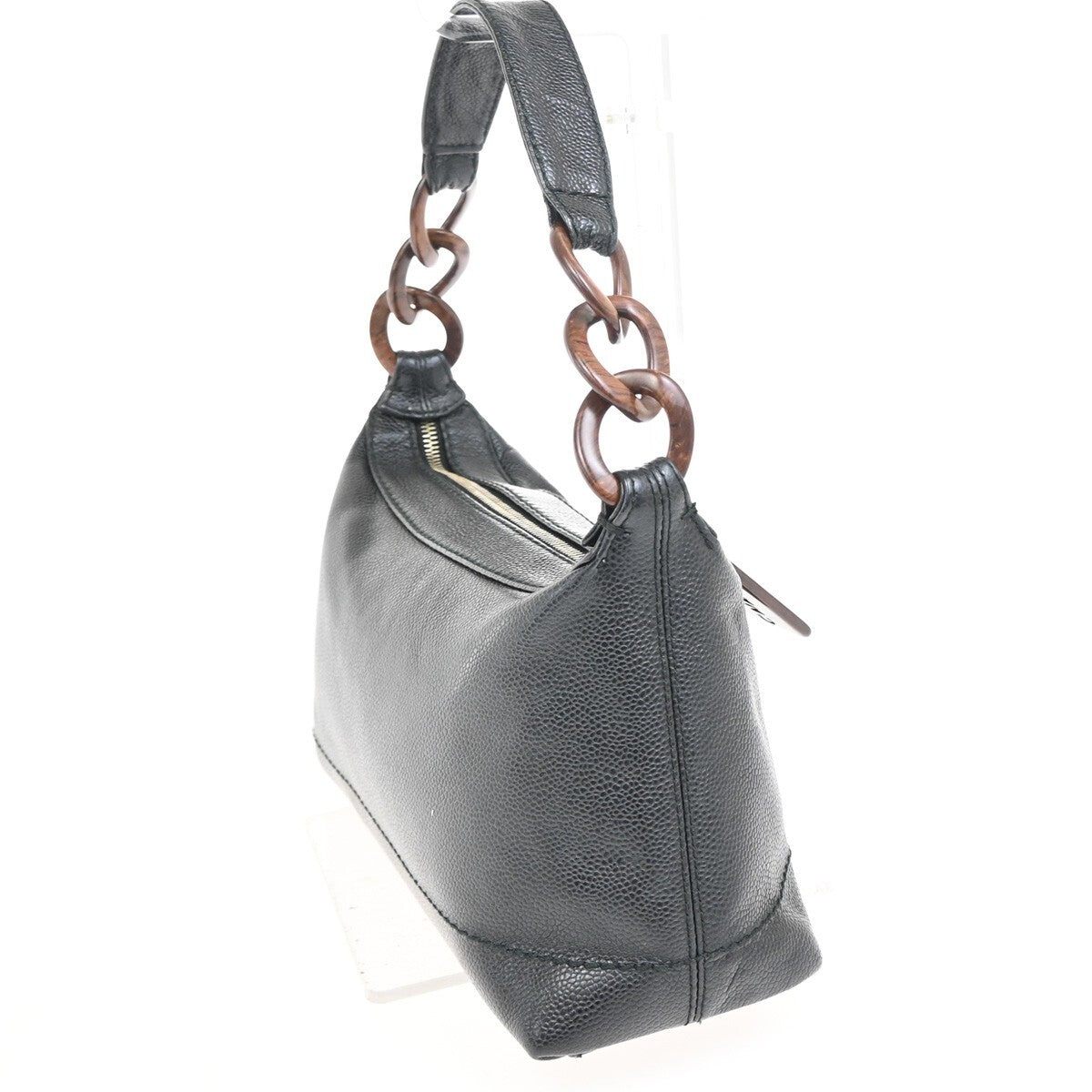 Chanel Vintage Wood Chain CC Shoulder Bag Caviar, BLACK, LEATHER, Shoulder bag