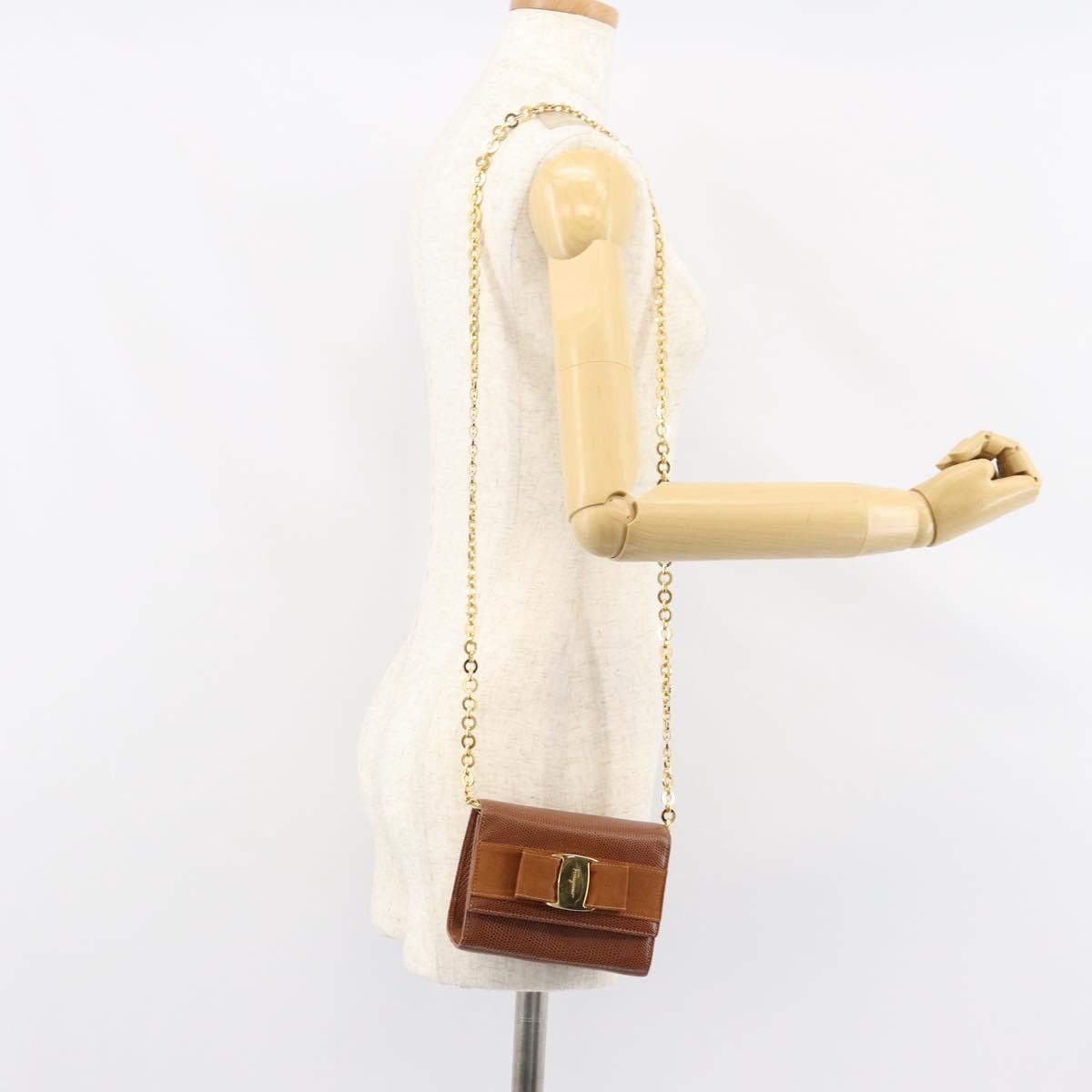 Salvatore Ferragamo Vala Shoulder Bag Embossed Leather, BROWN, LEATHER, Shoulder bag