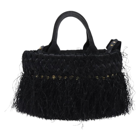 Prada Fringe Wicker Tote Woven Straw, BLACK, WOOD, Handbag