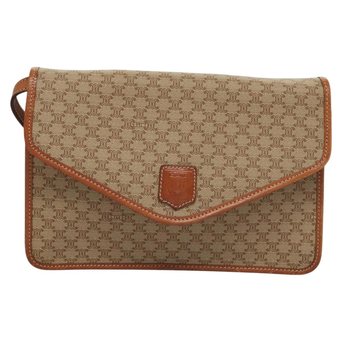 Celine Vintage Macadam Shoulder Bag Canvas and Leather, BEIGE, CANVAS, Shoulder bag