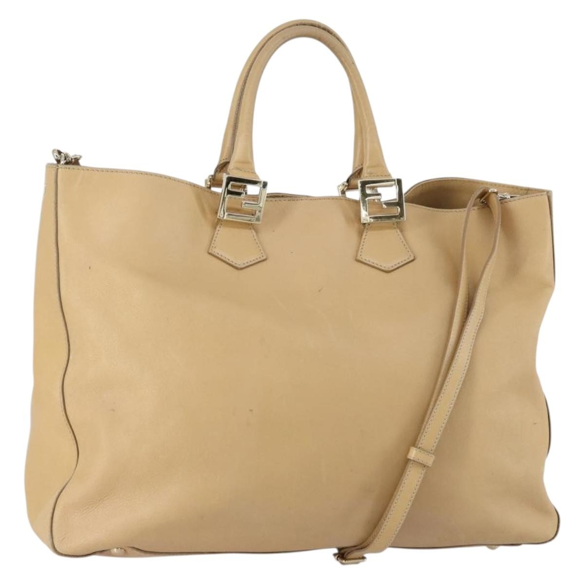 Fendi Twins Tote Leather, BEIGE, LEATHER, Tote bag