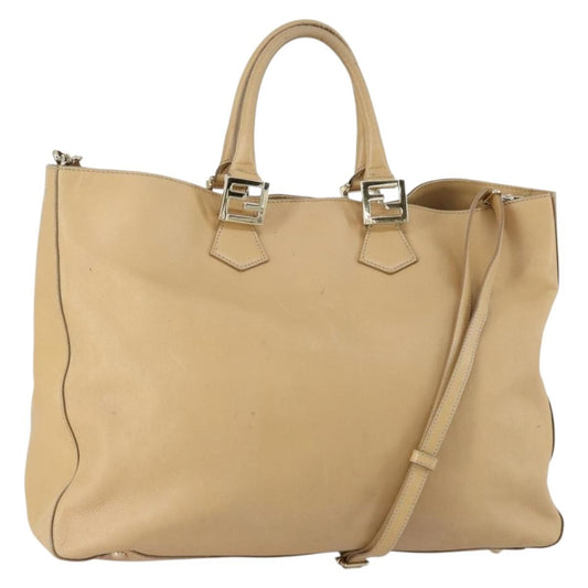 Fendi Twins Tote Leather, BEIGE, LEATHER, Tote bag