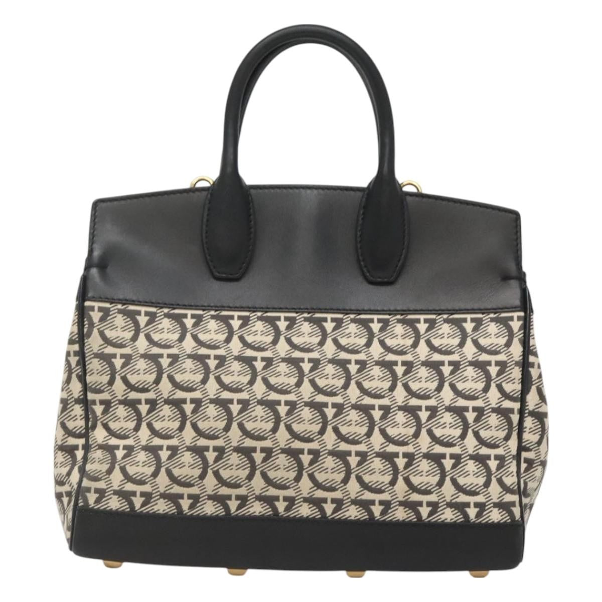 Salvatore Ferragamo Studio Satchel Gancini Jacquard and Leather, BLACK, CANVAS, Handbag