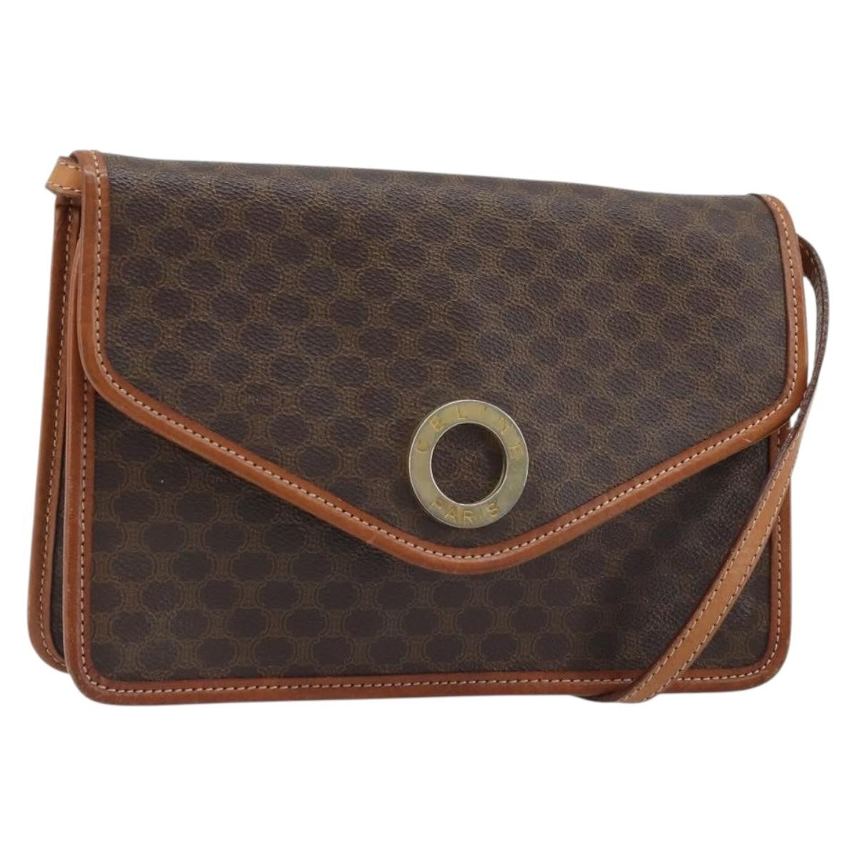 Celine Vintage Macadam Circle Logo Shoulder Bag Canvas and Leather, Brown, Canvas, Shoulder Bag