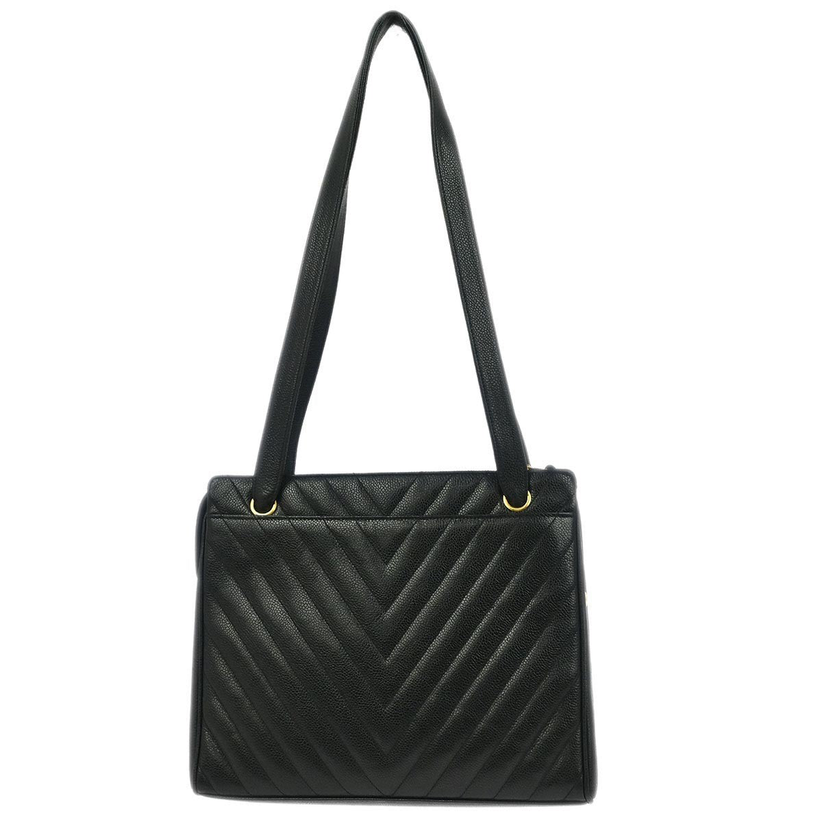 Chanel Vintage Zip Shoulder Bag Chevron Caviar, Black, Calfskin, Shoulder Bag