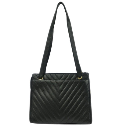 Chanel Vintage Zip Shoulder Bag Chevron Caviar, Black, Calfskin, Shoulder Bag