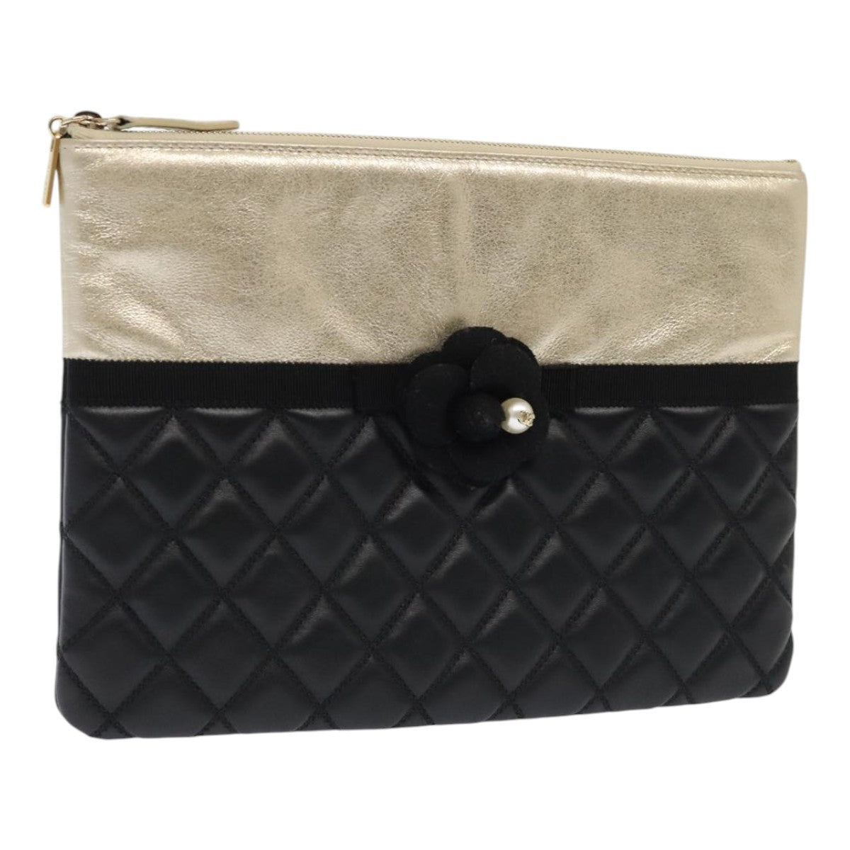 Chanel Pearl O Case Clutch Quilted Lambskin and Calfskin, BLACK, LEATHER, Clutche & pouche