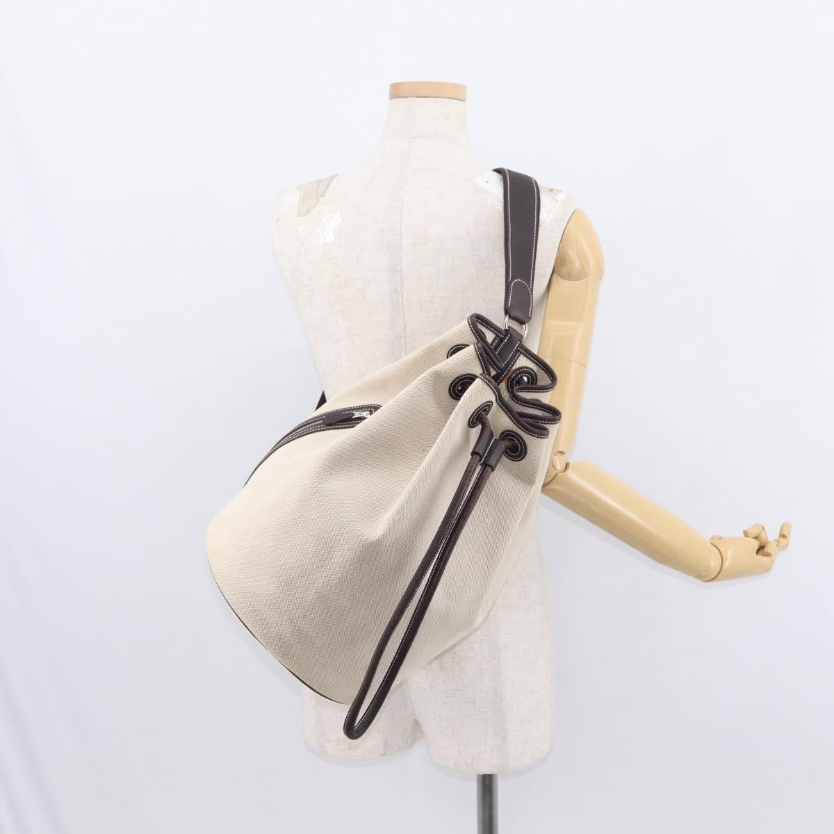 Hermes Sac Marin Recif Drawstring Bag Toile with Leather, BEIGE, CANVAS, Shoulder bag