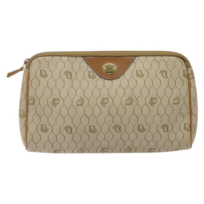 Christian Dior Vintage Honeycomb Zip Pouch Coated Canvas, BEIGE, PVC, Clutche & pouche