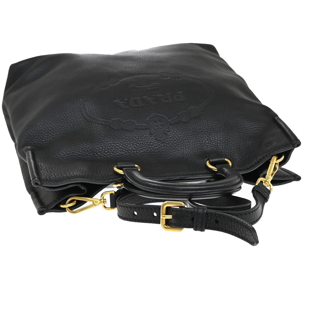 Prada Embossed Logo Convertible Open Tote Vitello Daino, BLACK, LEATHER, Tote bag