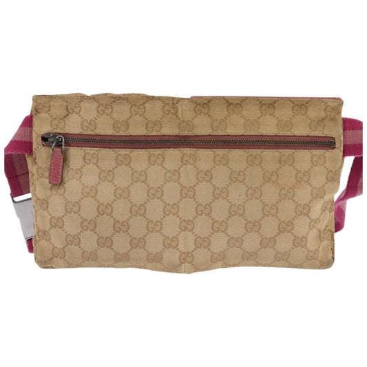 Gucci Vintage Double Belt Bag GG Canvas with Leather, Beige, Canvas, Crossbody Bag