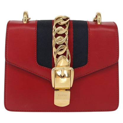 Gucci Sylvie Chain Shoulder Bag Leather, RED, LEATHER, Shoulder bag