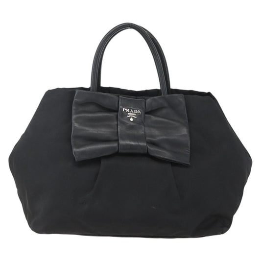 Prada Bow Tote Tessuto with Leather, BLACK, NYLON, Handbag
