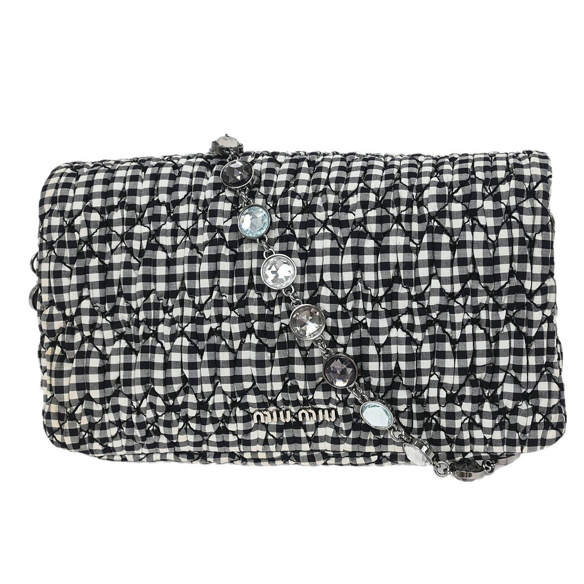 Miu Miu Crystal Clutch Matelasse Gingham Print Canvas, BLACK, CANVAS, Clutche & pouche