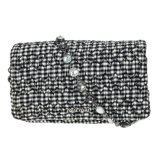 Miu Miu Crystal Clutch Matelasse Gingham Print Canvas, BLACK, CANVAS, Clutche & pouche