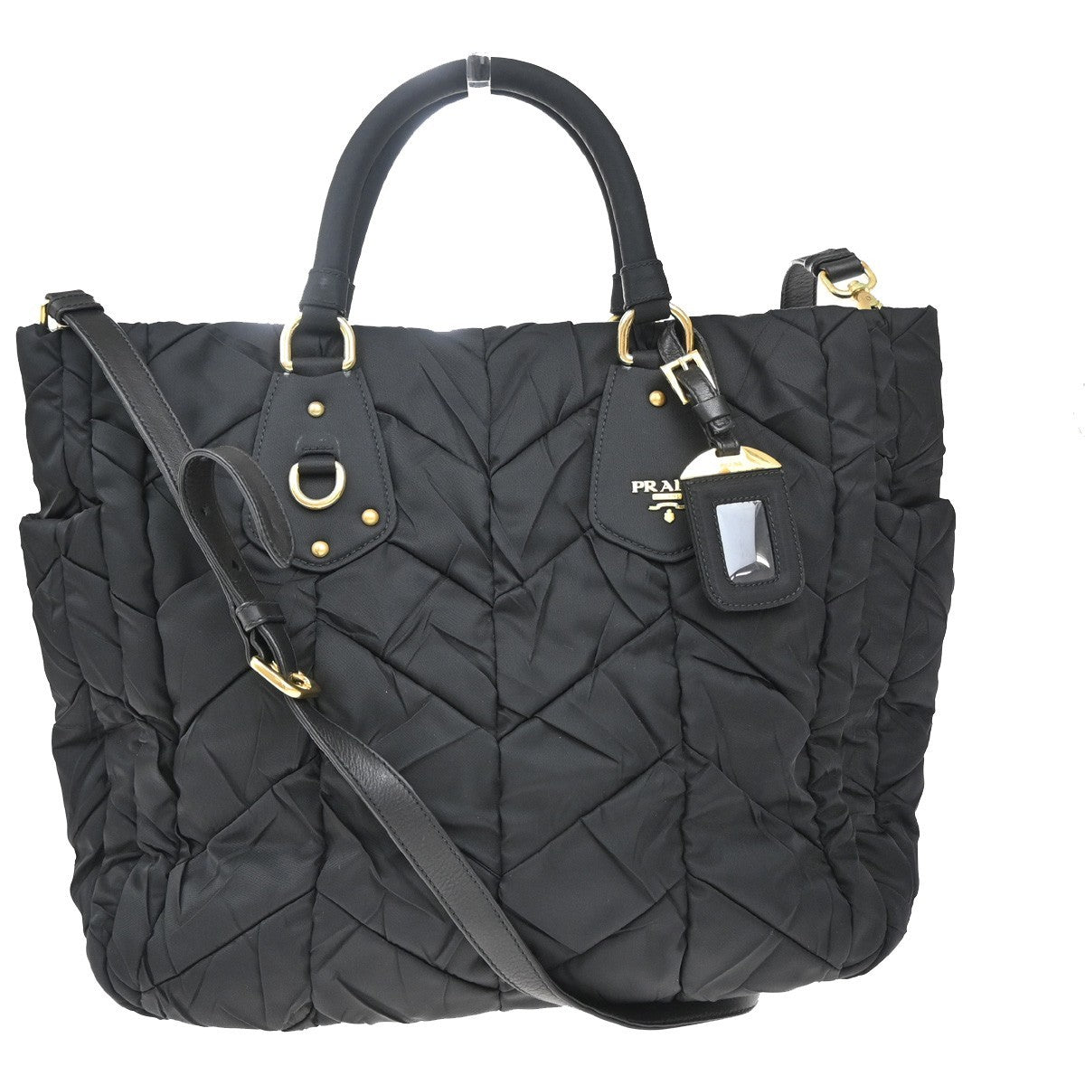 Prada Convertible Side Pocket Tote Chevron Tessuto, BLACK, NYLON, Tote bag