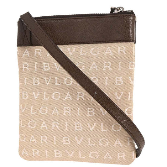 Bvlgari Logomania Shoulder Bag Canvas with Leather, BEIGE, CANVAS, Shoulder bag
