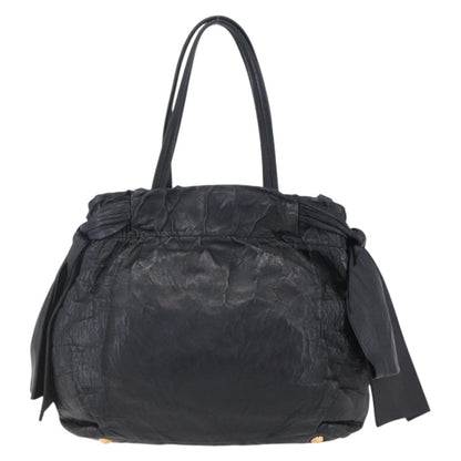 Prada Bow Tie Pleated Tote Leather, BLACK, LEATHER, Handbag