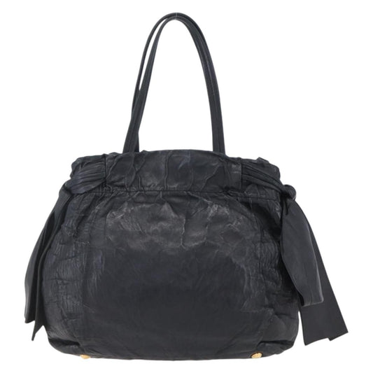 Prada Bow Tie Pleated Tote Leather, BLACK, LEATHER, Handbag