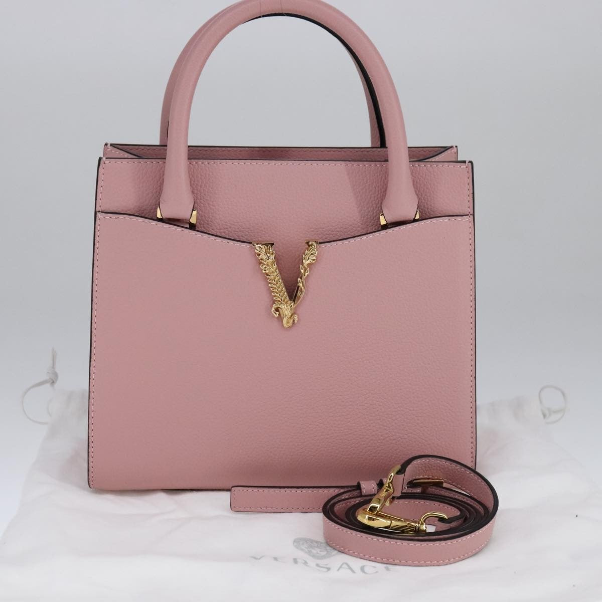 Versace Virtus Front Pocket Tote Leather, PINK, LEATHER, Tote bag