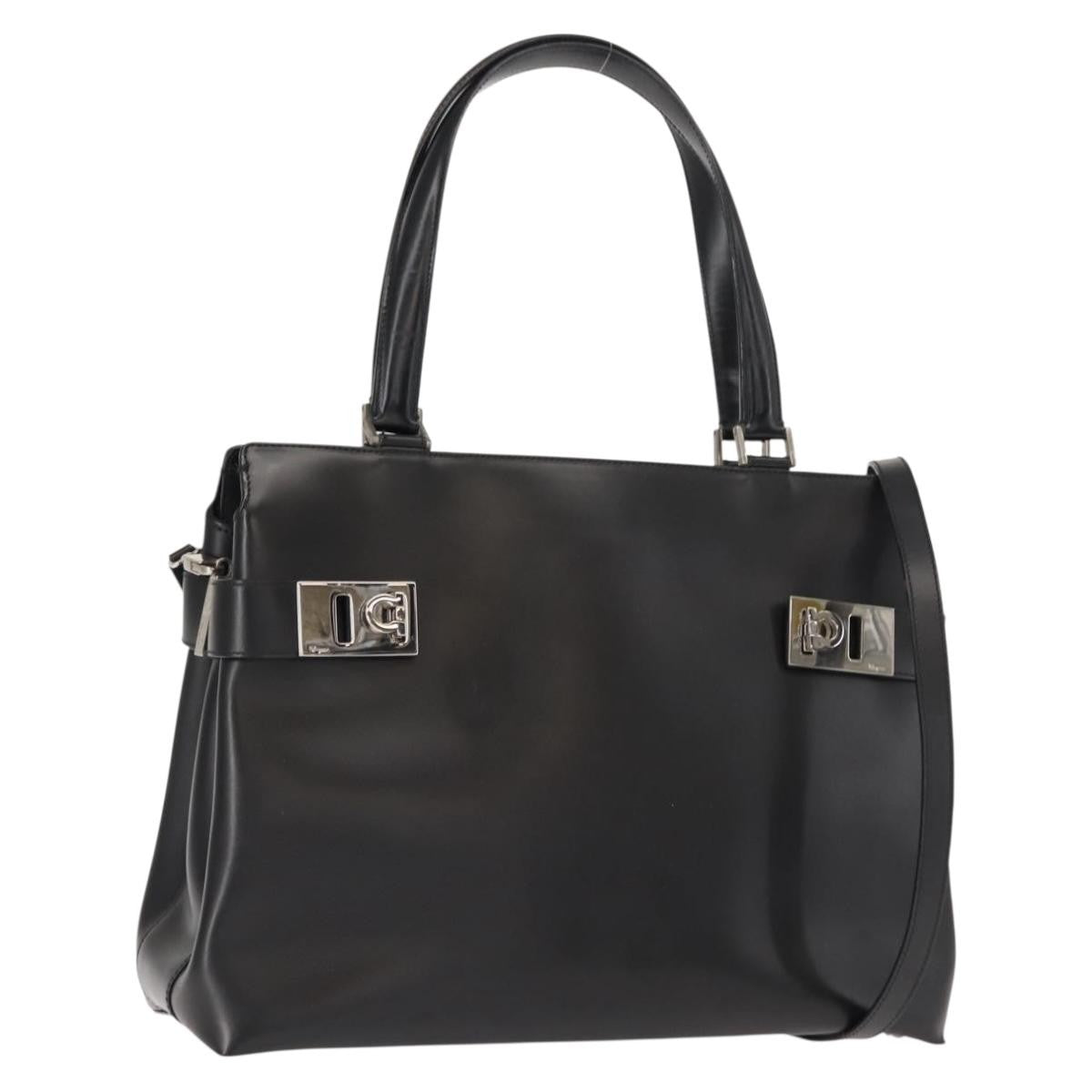 Salvatore Ferragamo Double Gancini Side Buckle Tote Leather, BLACK, LEATHER, Handbag