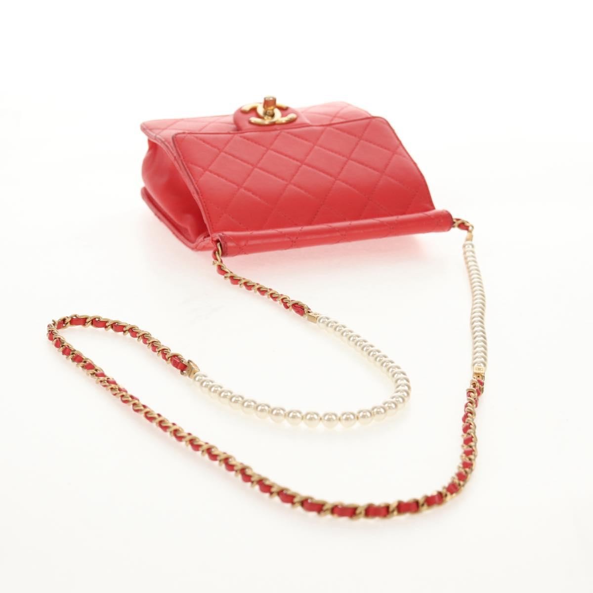 Chanel Pearl Chain Flap Bag Quilted Lambskin, RED, CALFSKIN, Clutche & pouche