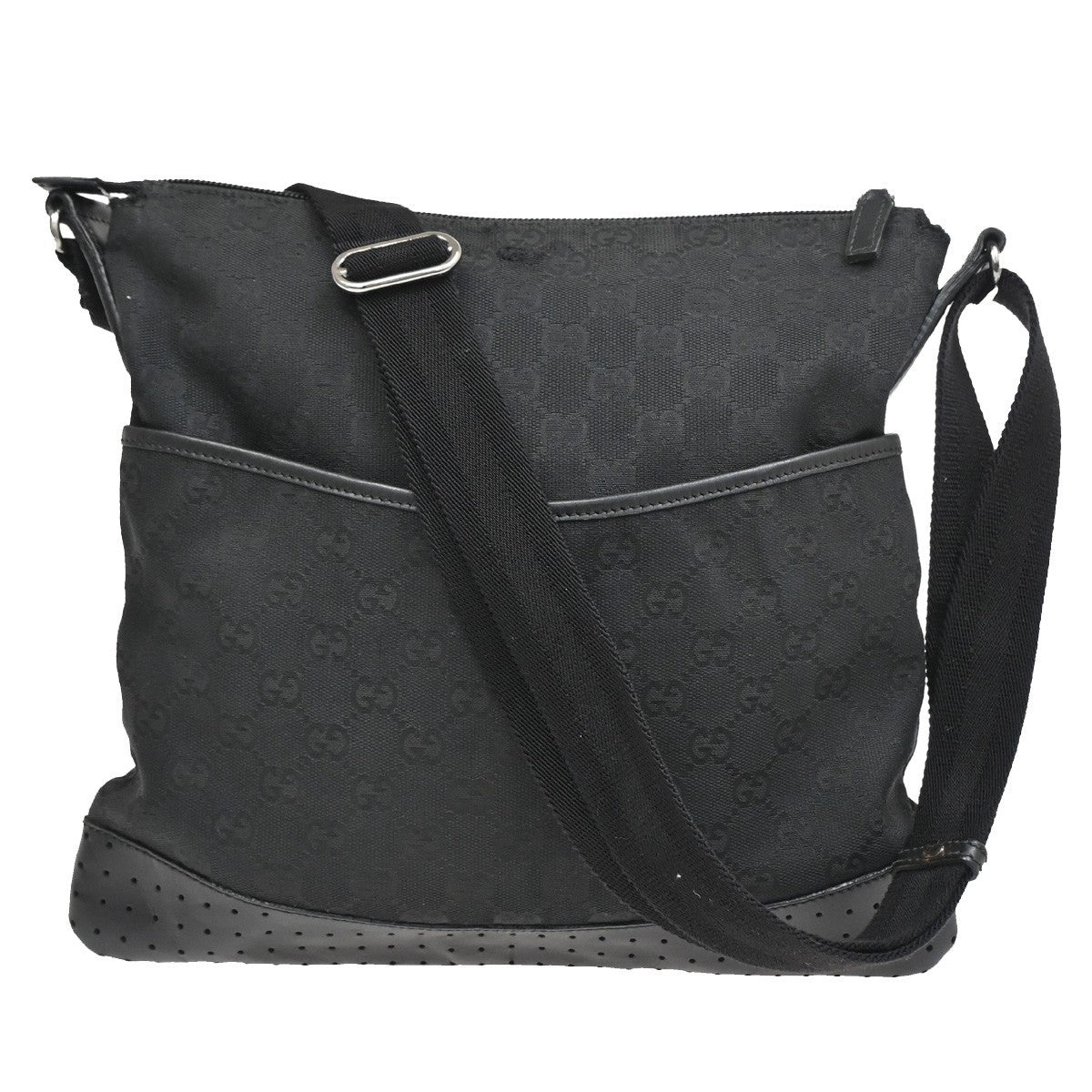 Gucci Zip Messenger GG Canvas with Perforated Leather, BLACK, CANVAS, Shoulder bag