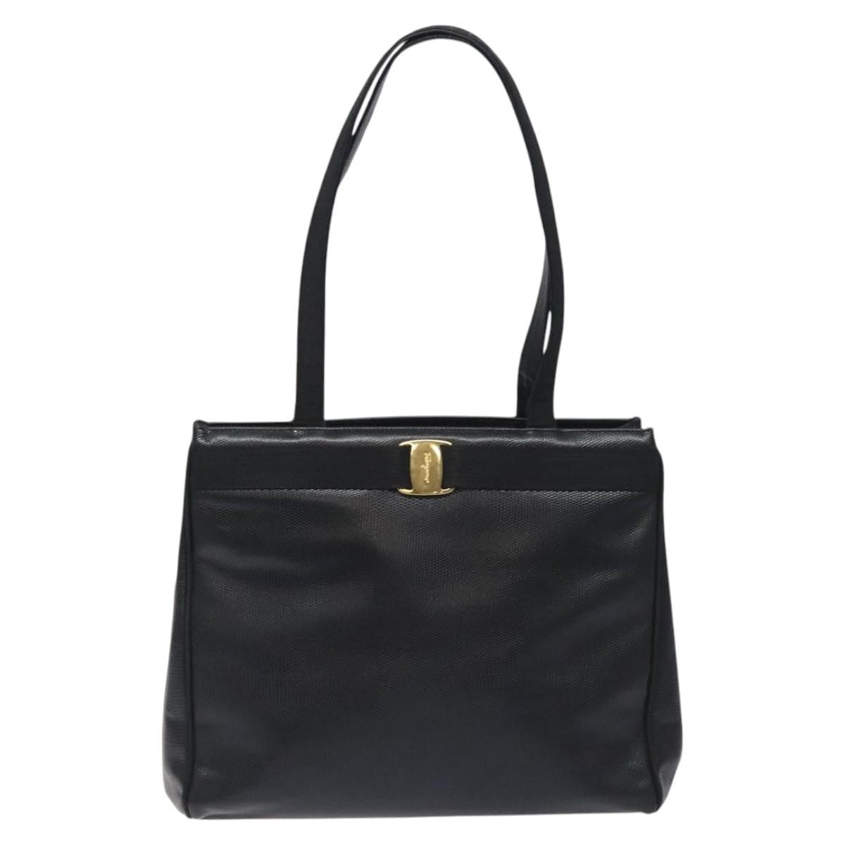 Salvatore Ferragamo Vintage Vara Bow Tote Lizard Embossed Leather, BLACK, LEATHER, Tote bag